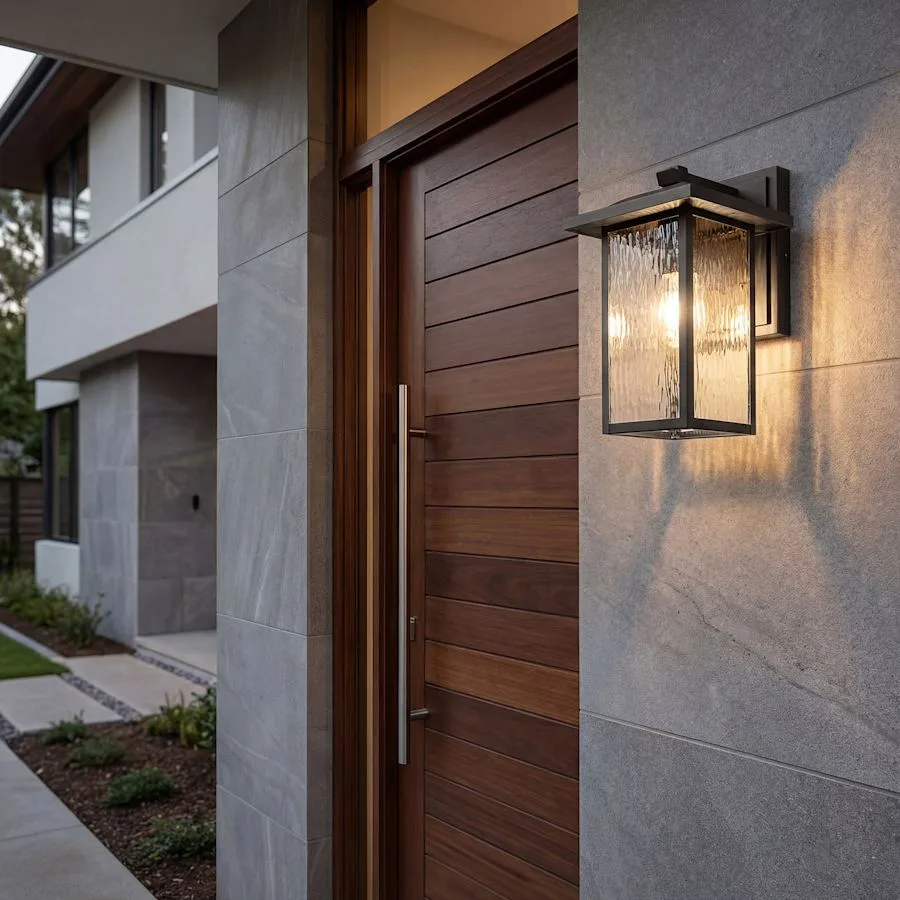 Corbin Modern Outdoor Wall Lantern | Textured Black Aluminum Sconce with Waterfall Glass, Dimmable