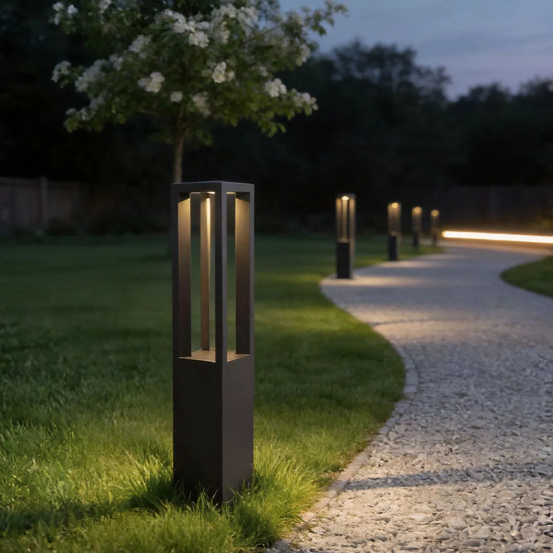 Sentry Modern Outdoor Bollard Light | Black Die-Cast Aluminum Four-Beam LED Garden Path Light
