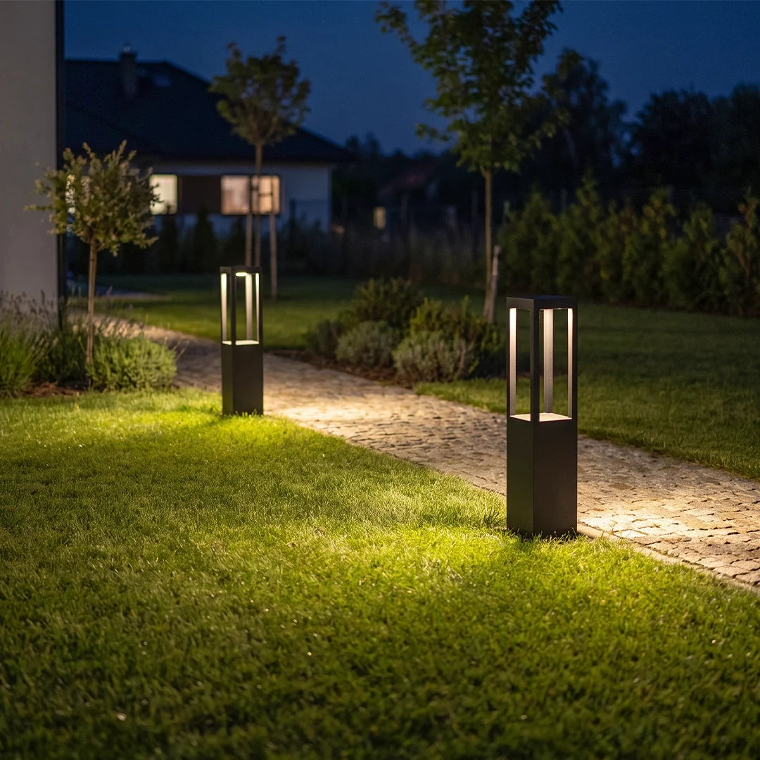 Sentry Modern Outdoor Bollard Light | Black Die-Cast Aluminum Four-Beam LED Garden Path Light
