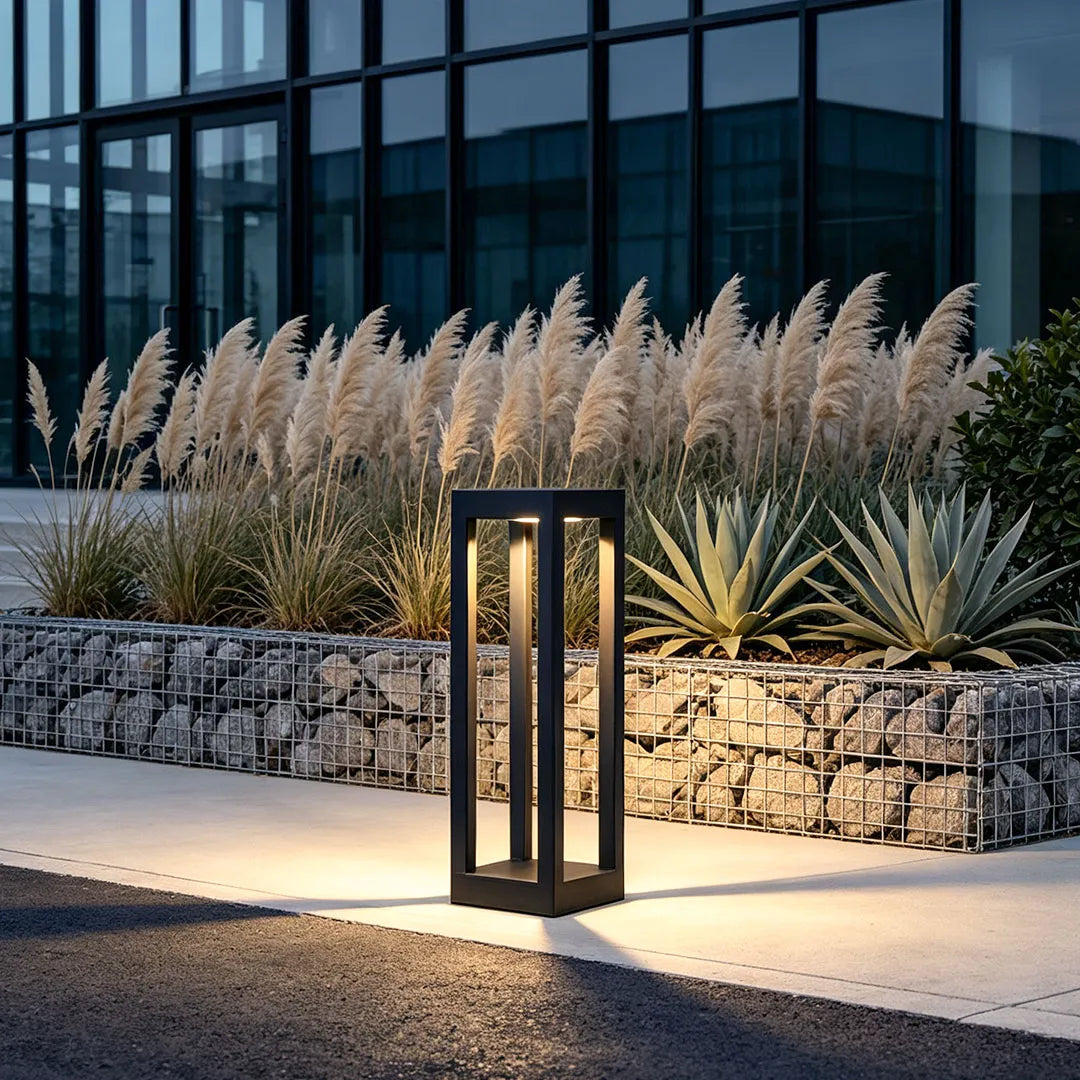 Sentry Modern Outdoor Bollard Light | Black Die-Cast Aluminum Four-Beam LED Garden Path Light