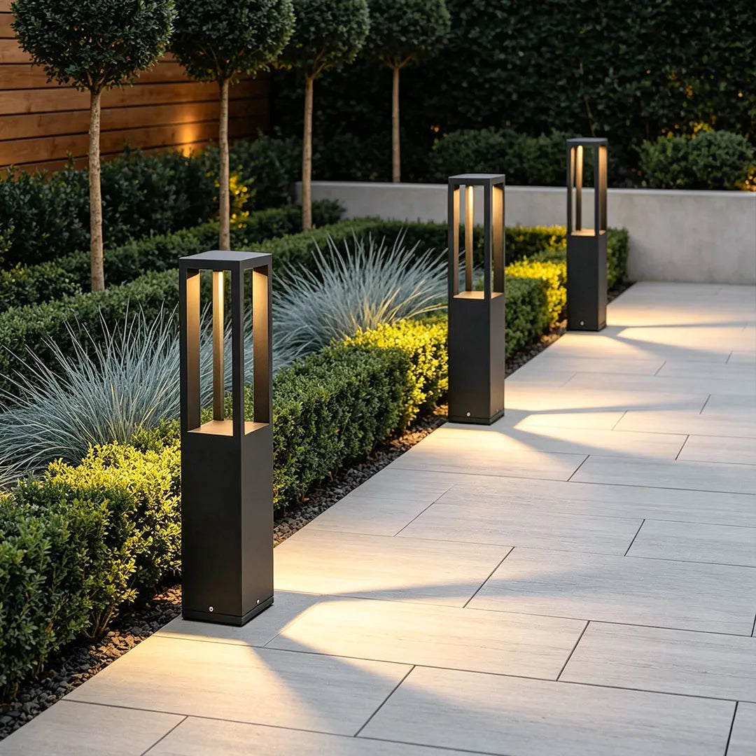 Sentry Modern Outdoor Bollard Light | Black Die-Cast Aluminum Four-Beam LED Garden Path Light