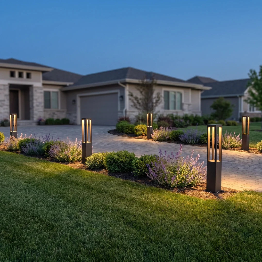 Sentry Modern Outdoor Bollard Light | Black Die-Cast Aluminum Four-Beam LED Garden Path Light