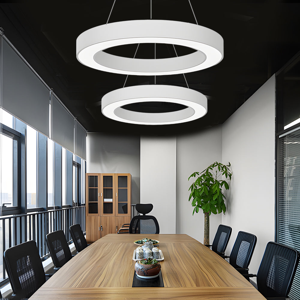 Corona Modern Ring Pendant Light | Black or White LED Circular Chandelier for Office and Living Room