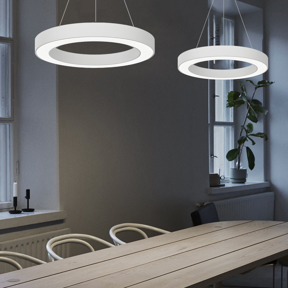 Corona Modern Ring Pendant Light | Black or White LED Circular Chandelier for Office and Living Room