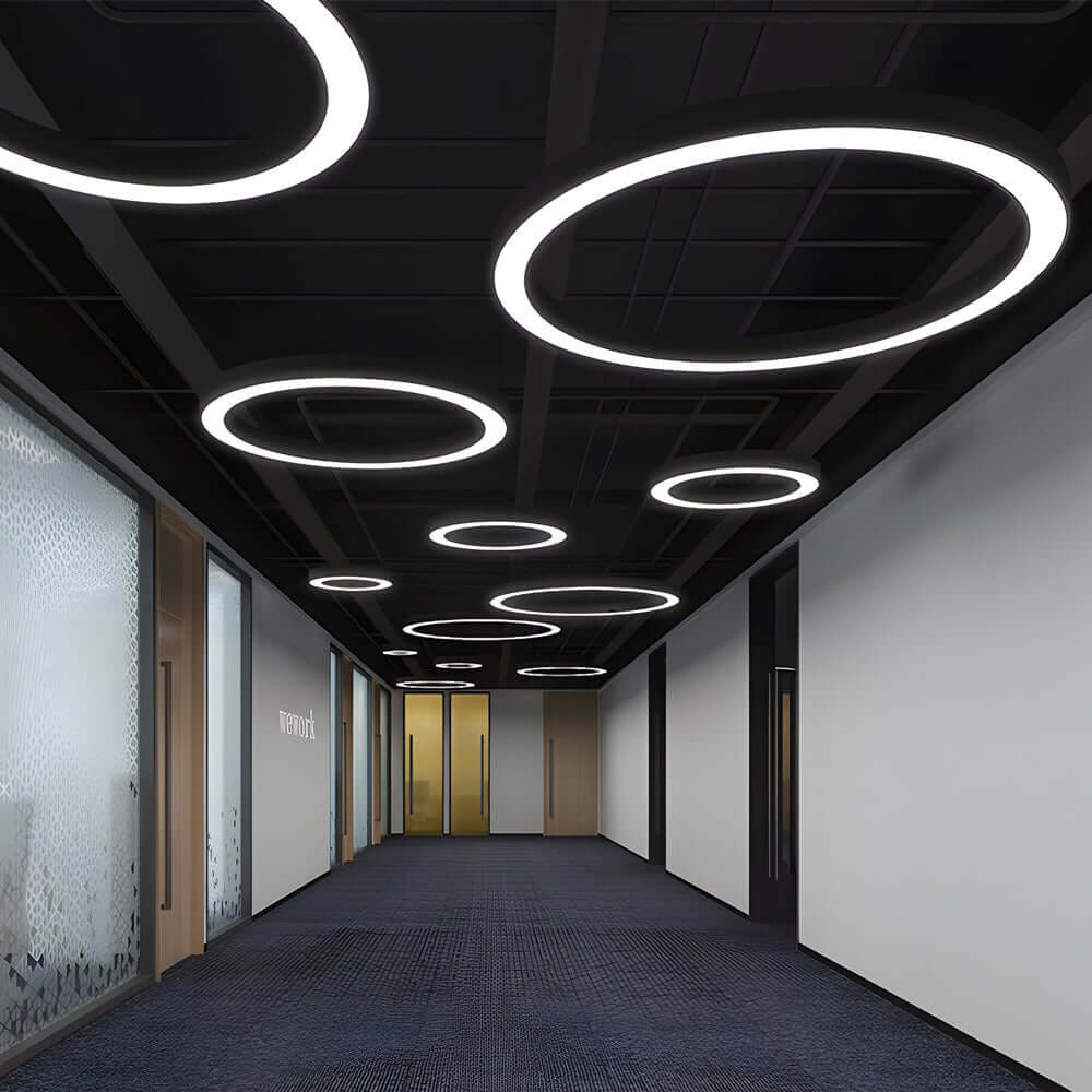 Corona Modern Ring Pendant Light | Black or White LED Circular Chandelier for Office and Living Room