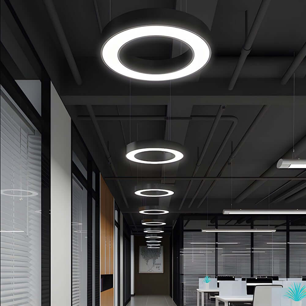 Corona Modern Ring Pendant Light | Black or White LED Circular Chandelier for Office and Living Room