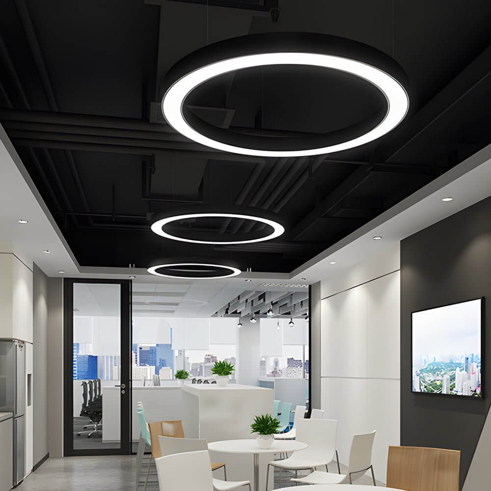Corona Modern Ring Pendant Light | Black or White LED Circular Chandelier for Office and Living Room