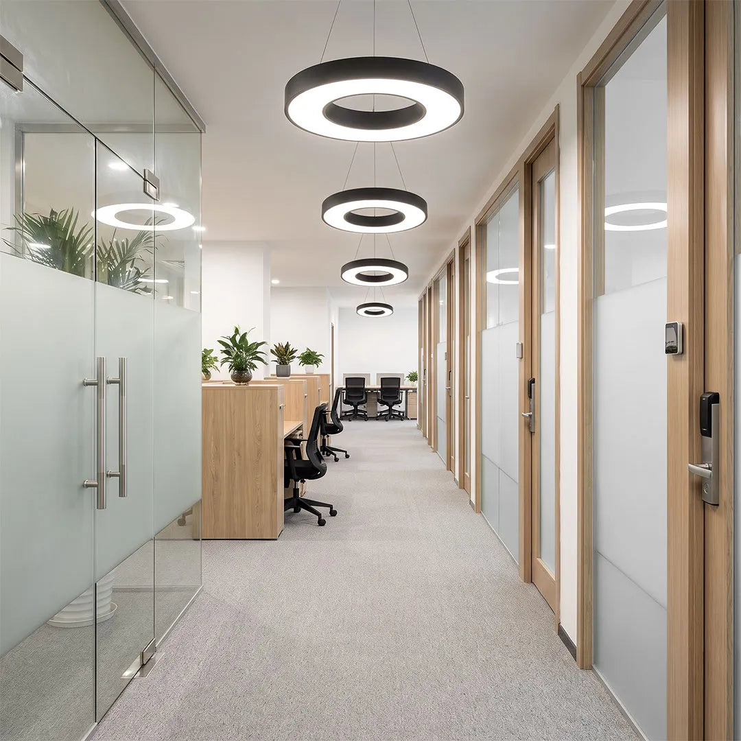 Corona Modern Ring Pendant Light | Black or White LED Circular Chandelier for Office and Living Room