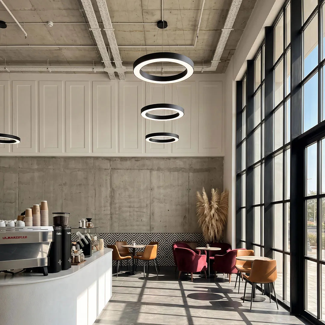 Corona Modern Ring Pendant Light | Black or White LED Circular Chandelier for Office and Living Room