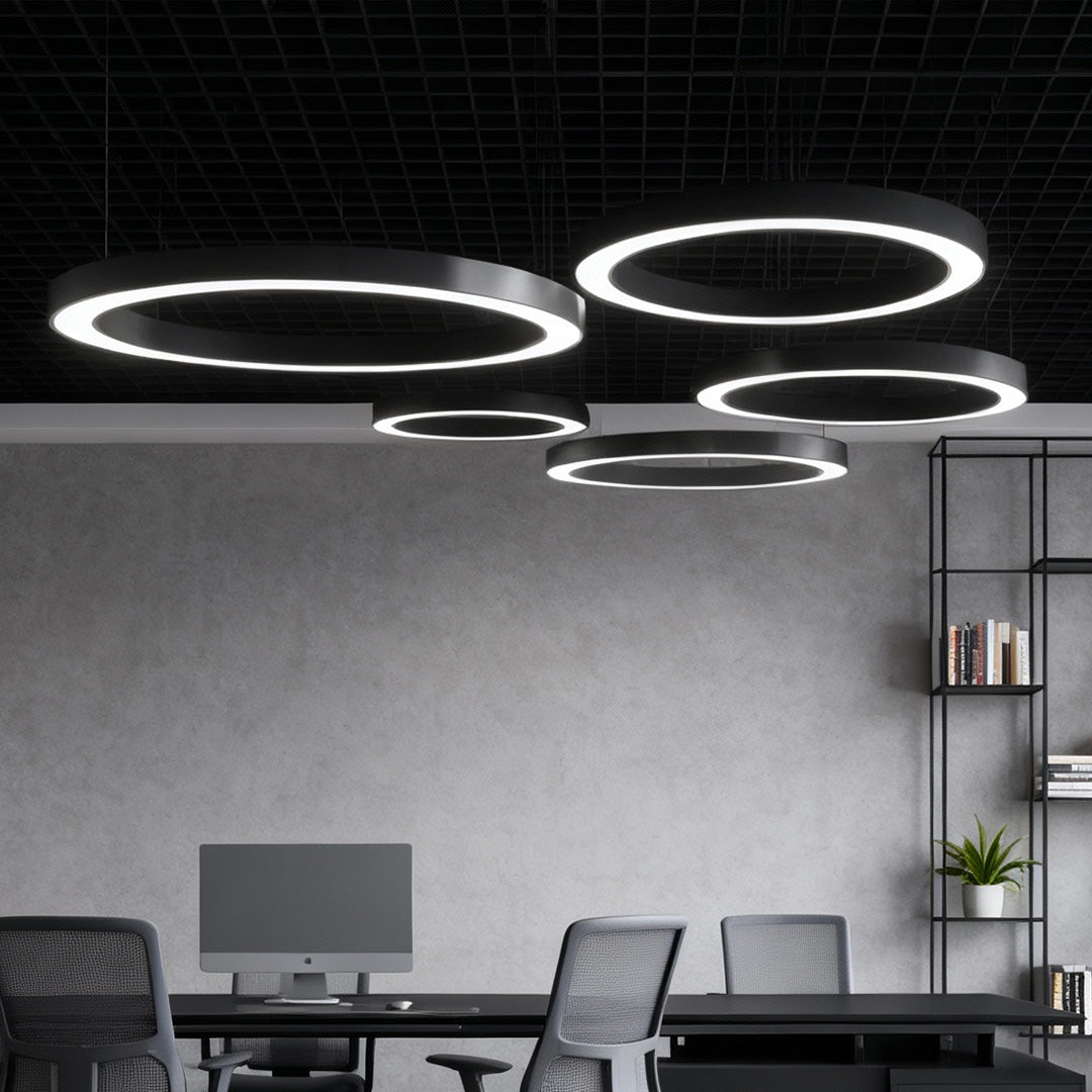 Corona Modern Ring Pendant Light | Black or White LED Circular Chandelier for Office and Living Room