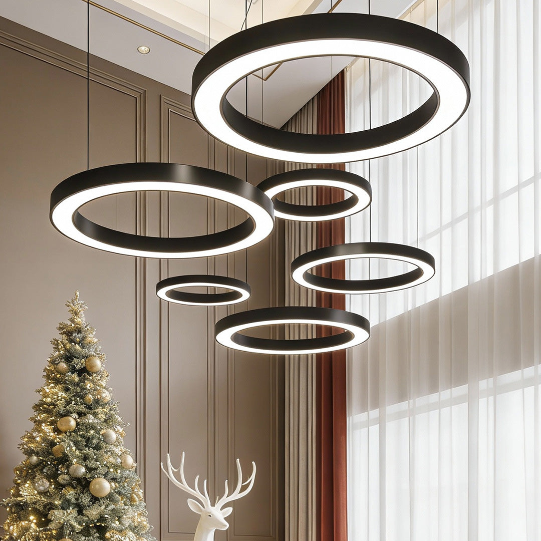 Corona Modern Ring Pendant Light | Black or White LED Circular Chandelier for Office and Living Room