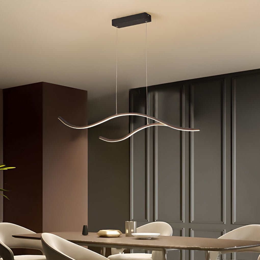 Crescent Modern Wave Linear Pendant Light | Dimmable LED Kitchen Island Chandelier, Black, Gold or Chrome