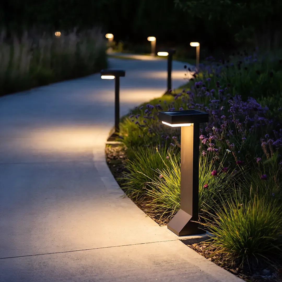 Tessel Modern Outdoor Path Light | Geometric Black Stainless Steel LED Landscape Light, Solar or Hardwired