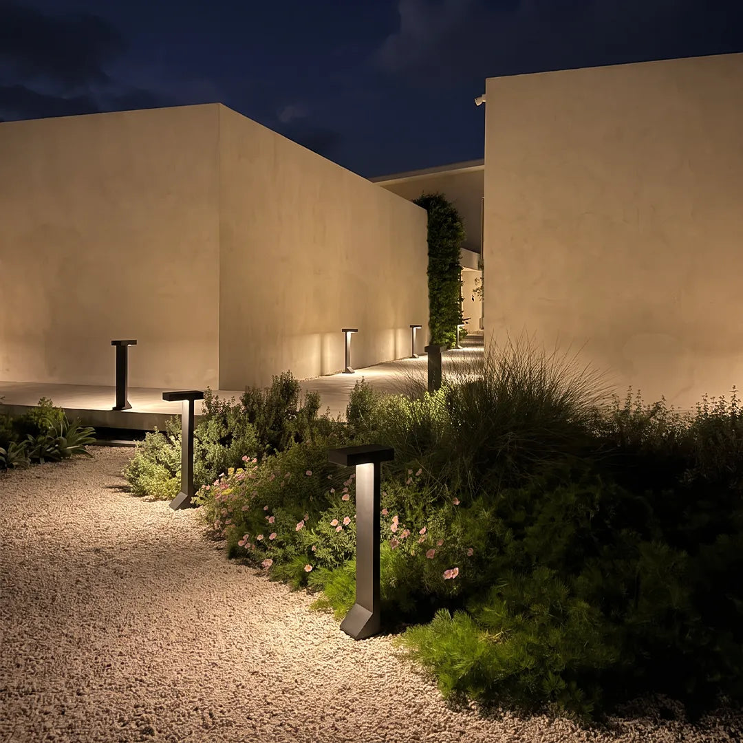 Tessel Modern Outdoor Path Light | Geometric Black Stainless Steel LED Landscape Light, Solar or Hardwired