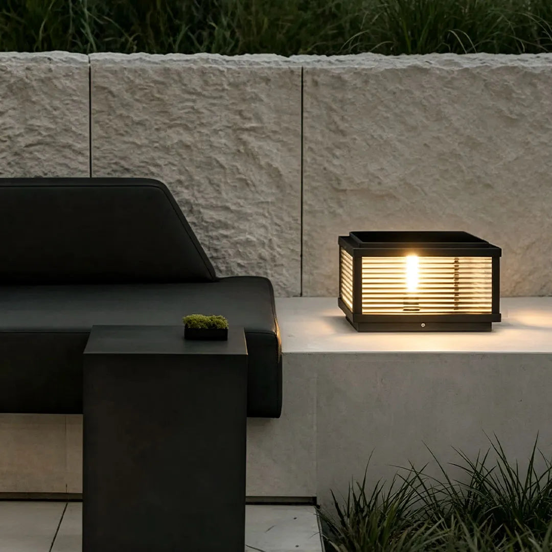 Pharos Modern Solar Pillar Light | Ribbed Glass Outdoor LED Post Light, Solar or Hardwired