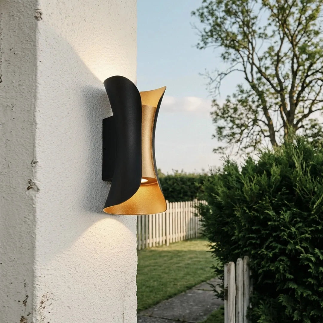 Vega Modern Up Down Outdoor Wall Light | Sculptural Curved Aluminum LED Sconce, Black or Gold Finish