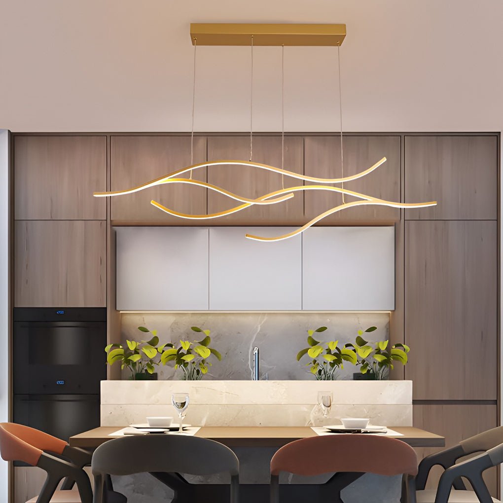 Crescent Modern Wave Linear Pendant Light | Dimmable LED Kitchen Island Chandelier, Black, Gold or Chrome
