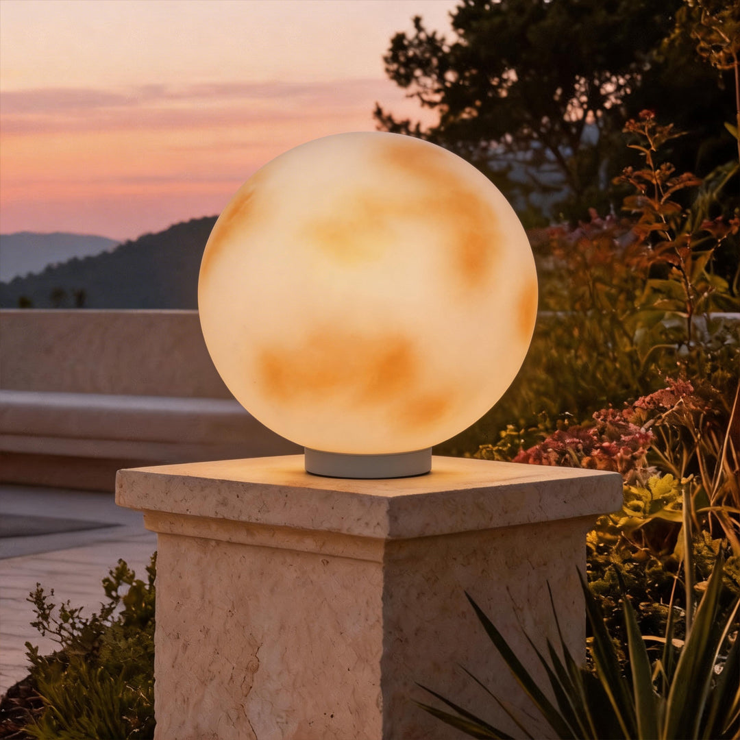 Selene Modern Moon Pillar Light | Round LED Outdoor Gatepost Light, Solar or Hardwired