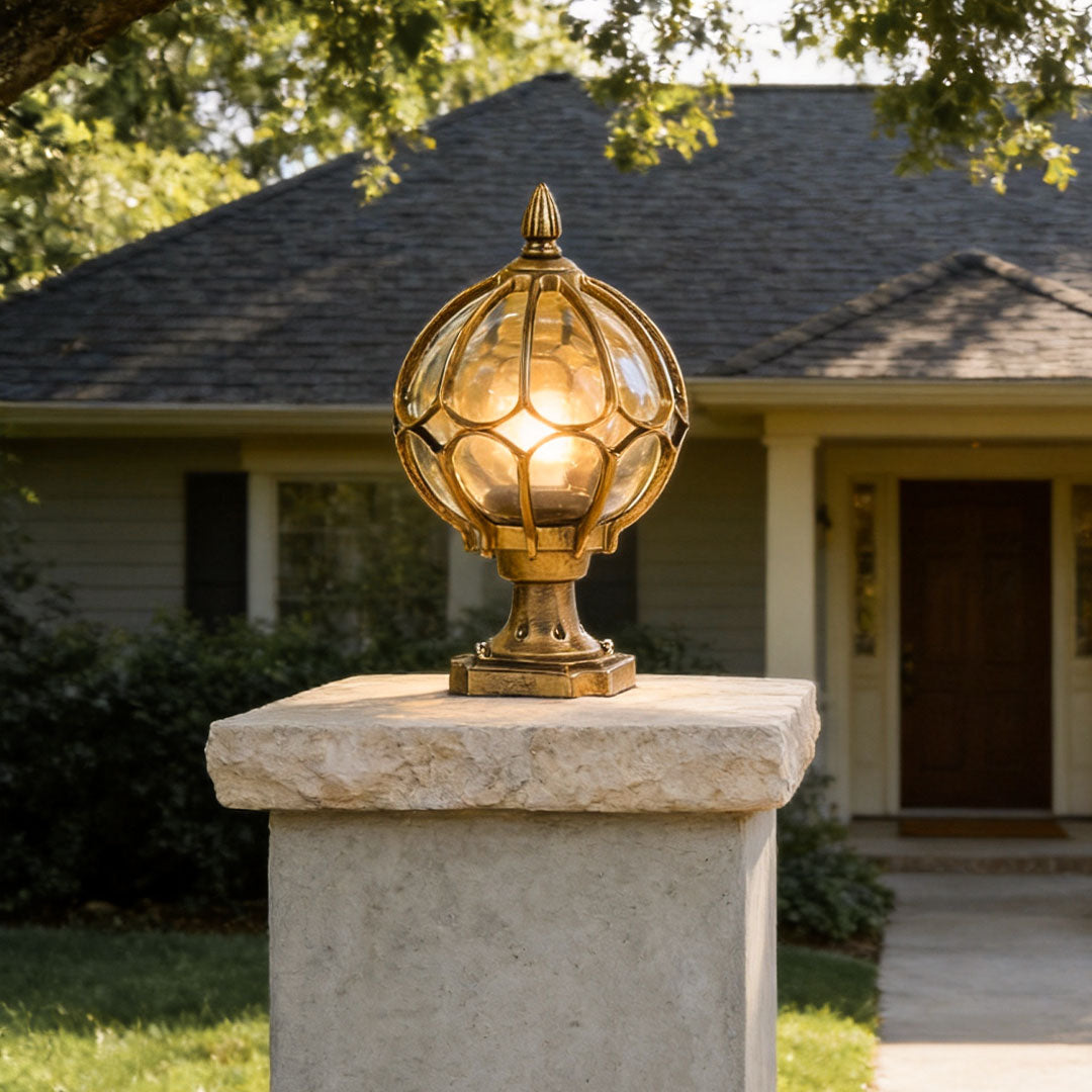 Marlowe Retro Globe Pillar Light | Outdoor Fence Post Lantern with Glass Globe, Black or Bronze