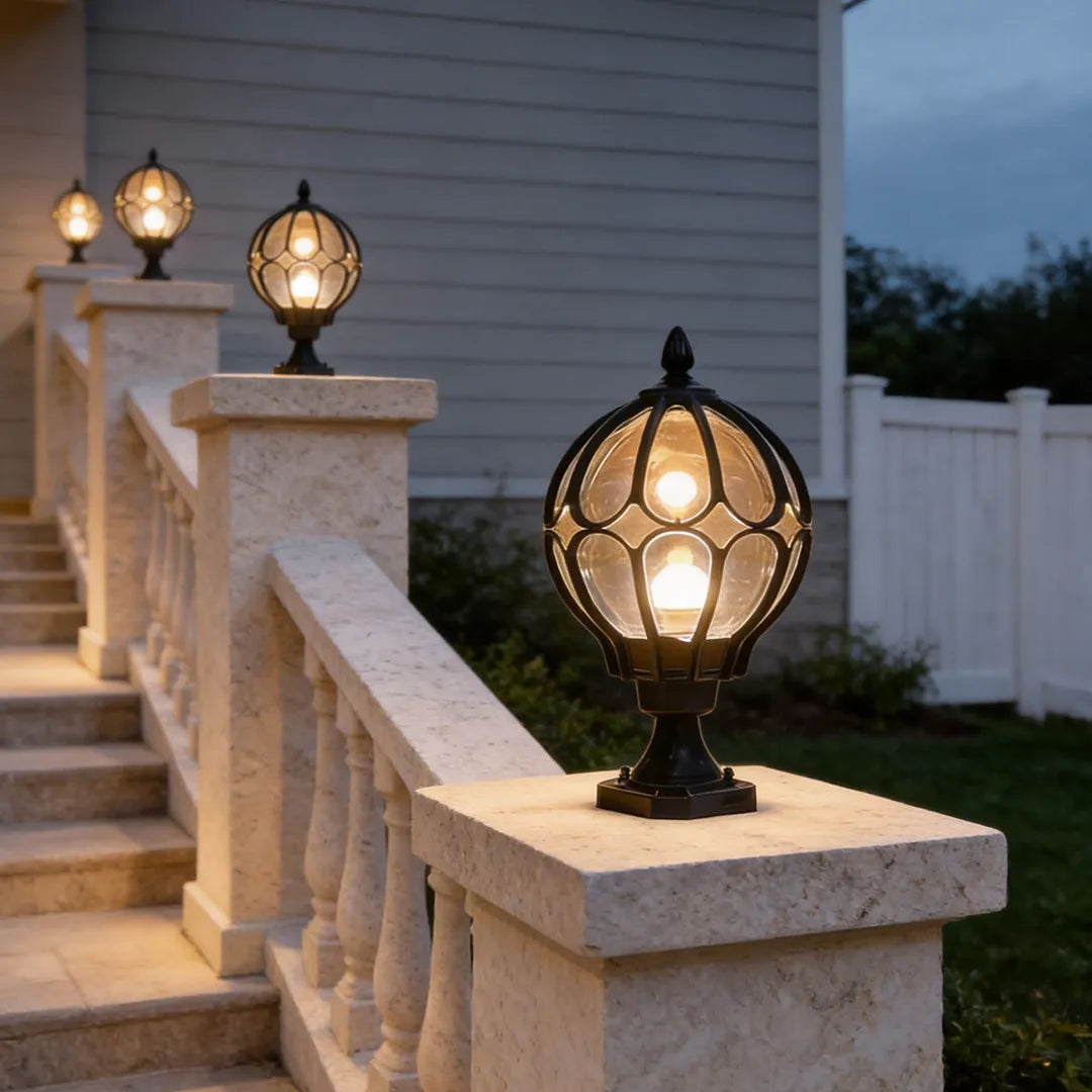 Marlowe Retro Globe Pillar Light | Outdoor Fence Post Lantern with Glass Globe, Black or Bronze