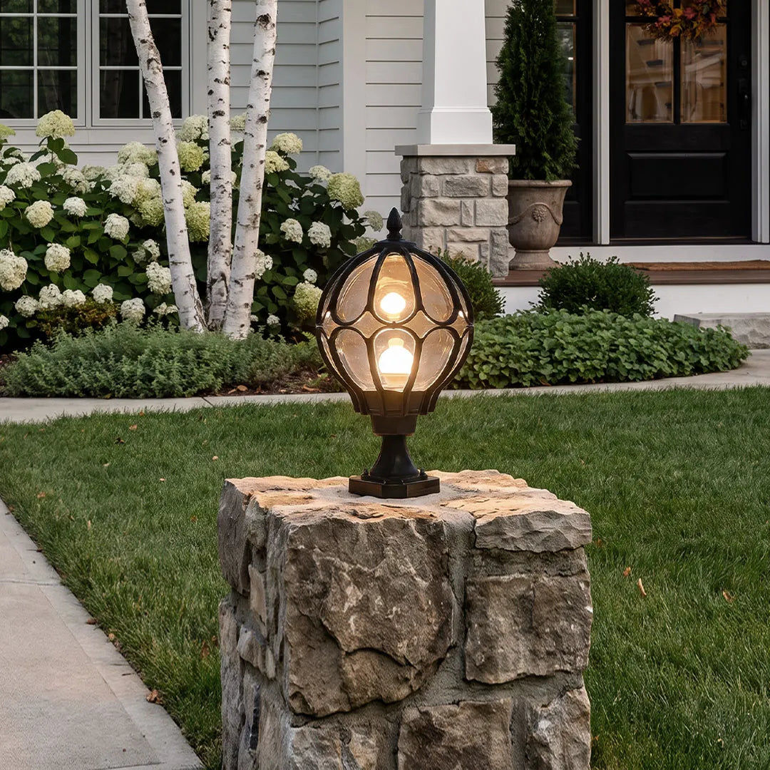 Marlowe Retro Globe Pillar Light | Outdoor Fence Post Lantern with Glass Globe, Black or Bronze