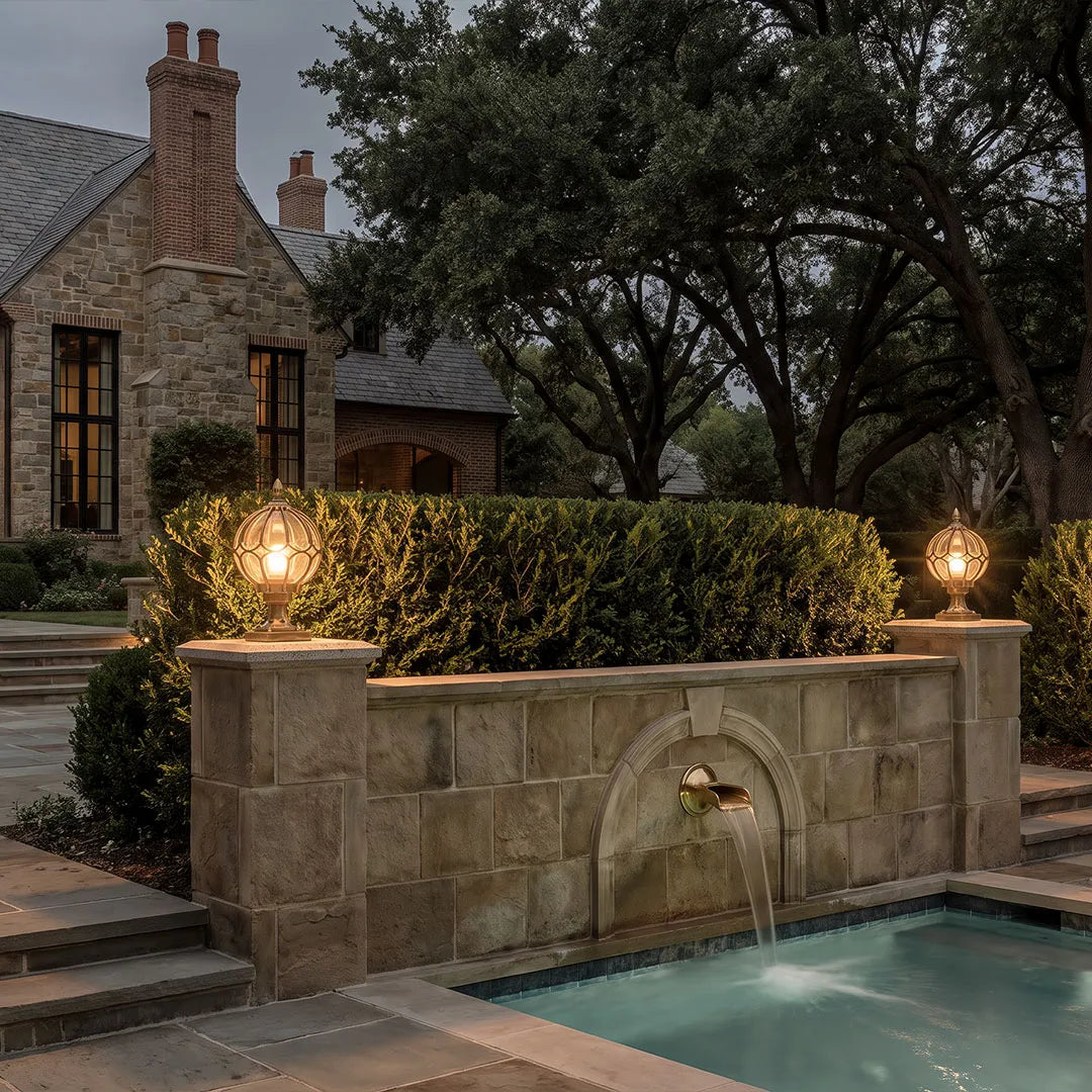 Marlowe Retro Globe Pillar Light | Outdoor Fence Post Lantern with Glass Globe, Black or Bronze