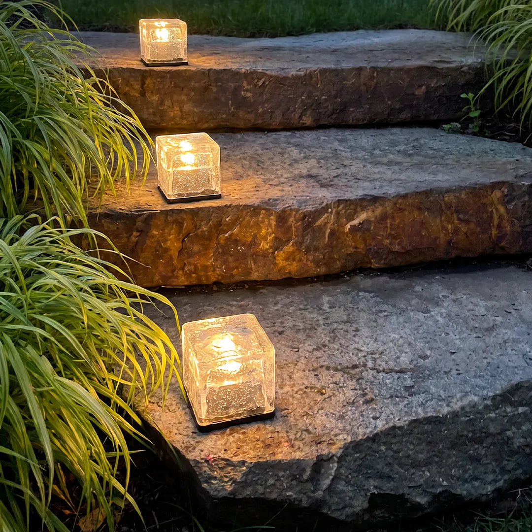 Glacier Solar Step Lights Outdoor | Ice Cube Crystal-Look LED Stair and Deck Lights, Waterproof