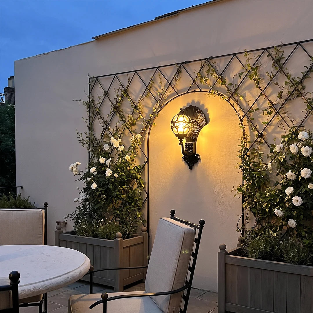Pavo Retro Peacock Wall Sconce | Die-Cast Aluminum Outdoor Wall Light with Hand-Painted Glass