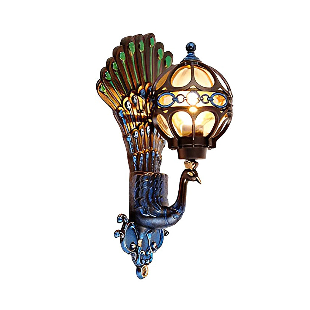 Pavo Retro Peacock Wall Sconce | Die-Cast Aluminum Outdoor Wall Light with Hand-Painted Glass