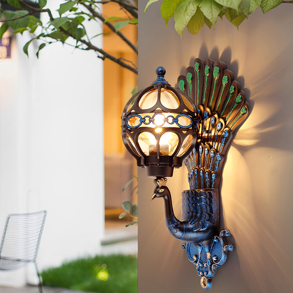 Pavo Retro Peacock Wall Sconce | Die-Cast Aluminum Outdoor Wall Light with Hand-Painted Glass