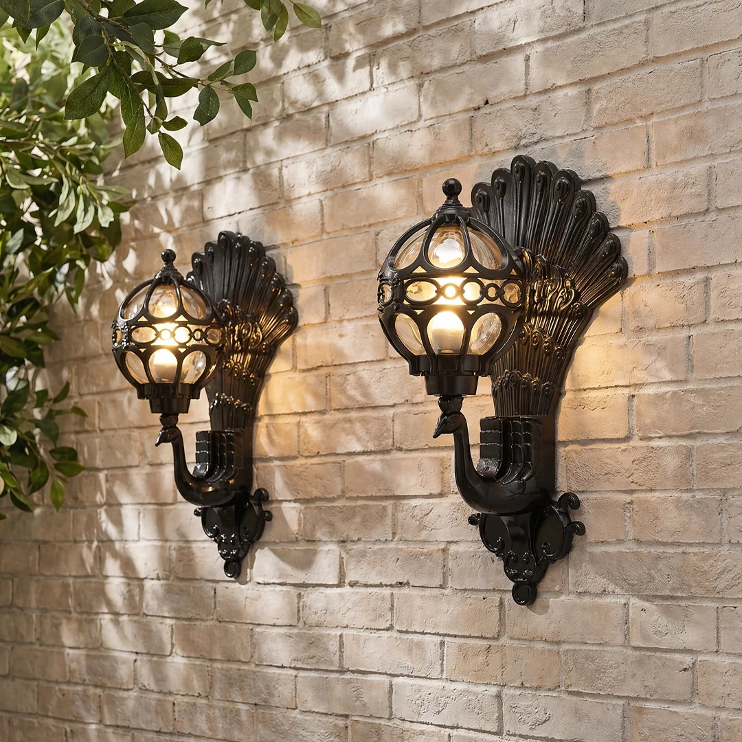 Pavo Retro Peacock Wall Sconce | Die-Cast Aluminum Outdoor Wall Light with Hand-Painted Glass