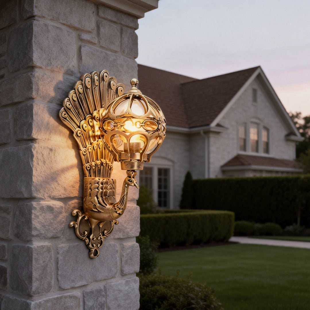 Pavo Retro Peacock Wall Sconce | Die-Cast Aluminum Outdoor Wall Light with Hand-Painted Glass