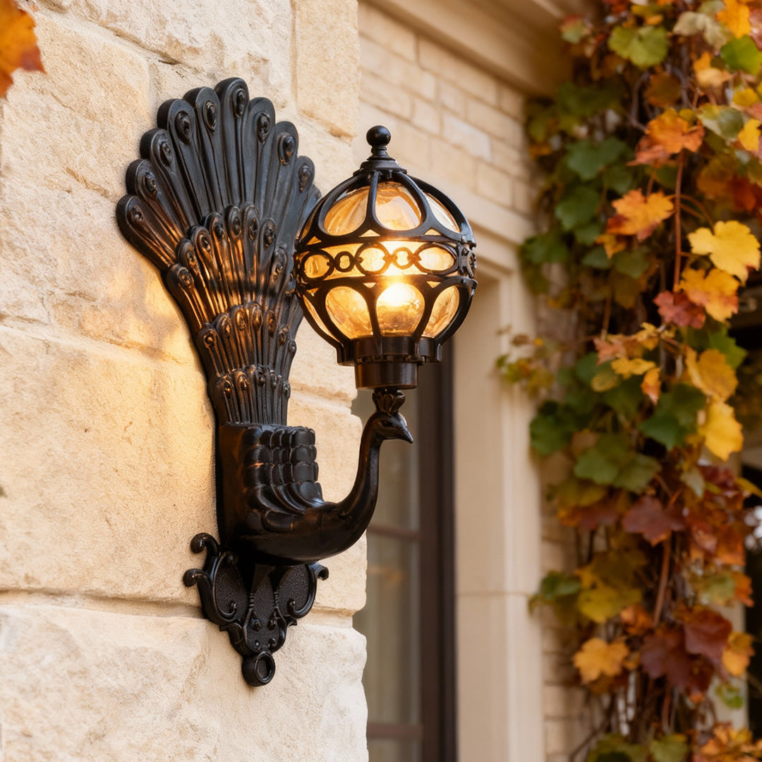 Pavo Retro Peacock Wall Sconce | Die-Cast Aluminum Outdoor Wall Light with Hand-Painted Glass