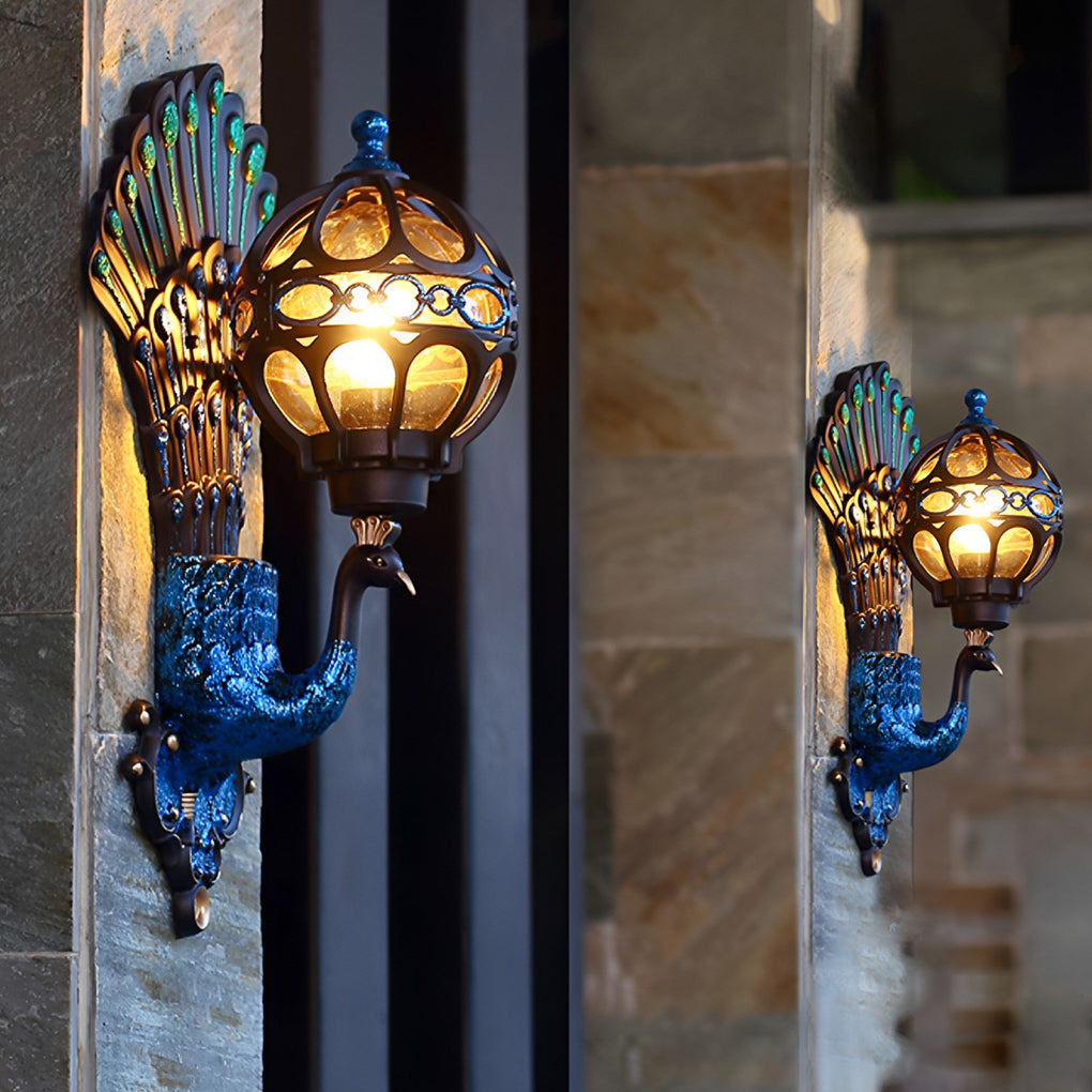 Pavo Retro Peacock Wall Sconce | Die-Cast Aluminum Outdoor Wall Light with Hand-Painted Glass