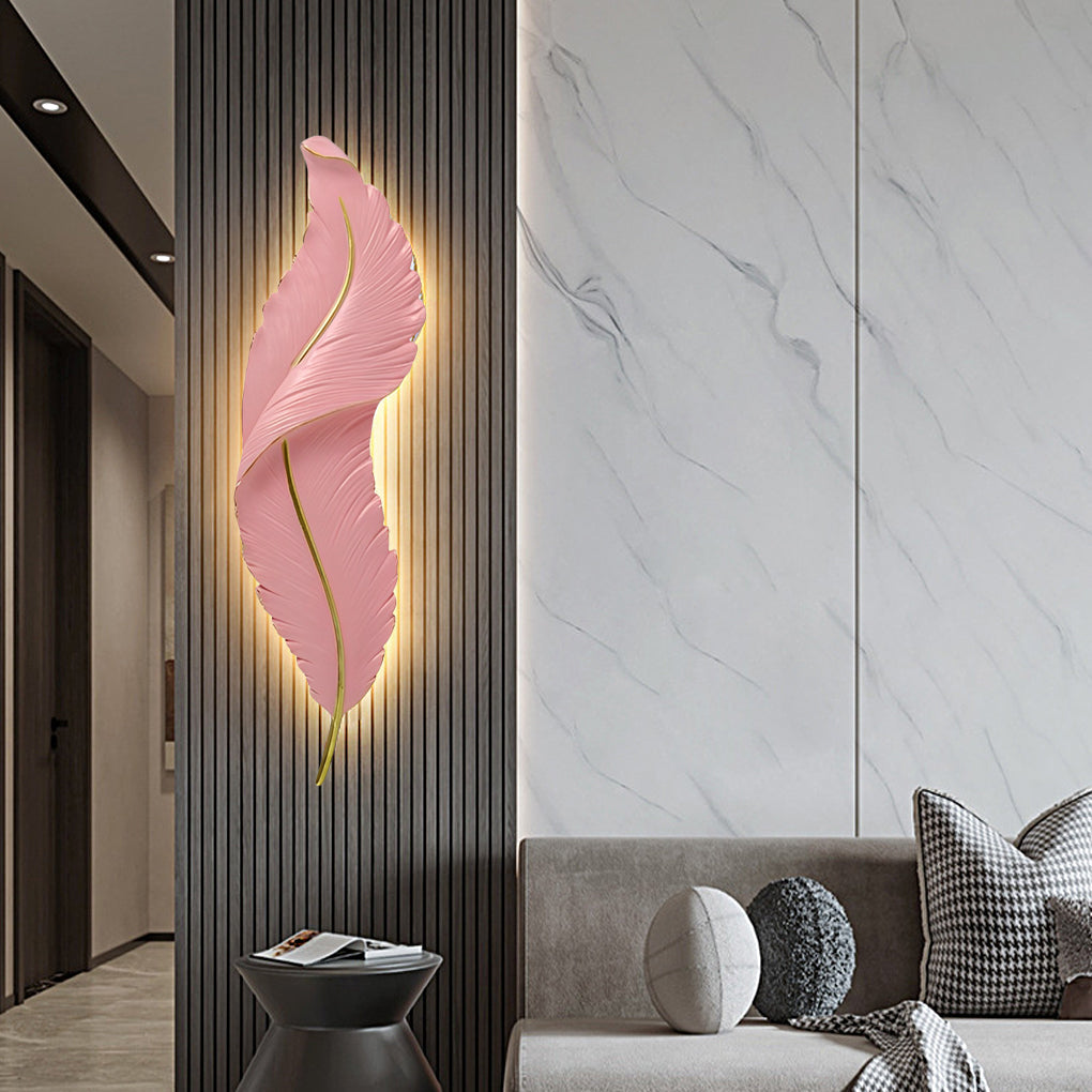 Plume Sculptural Feather Wall Light | Modern LED Wall Sconce in White, Blue or Pink Resin
