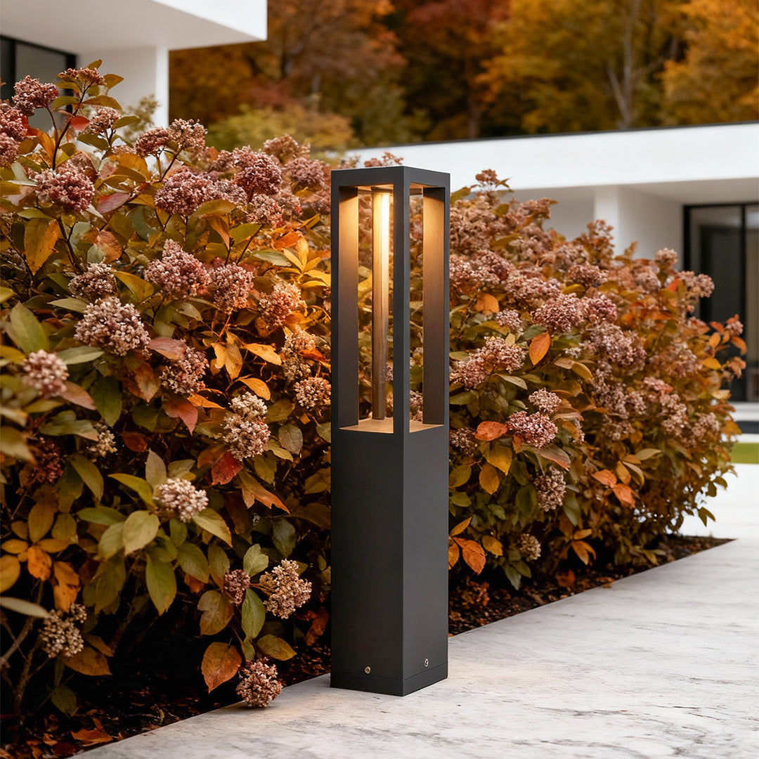 Sentry Modern Outdoor Bollard Light | Black Die-Cast Aluminum Four-Beam LED Garden Path Light