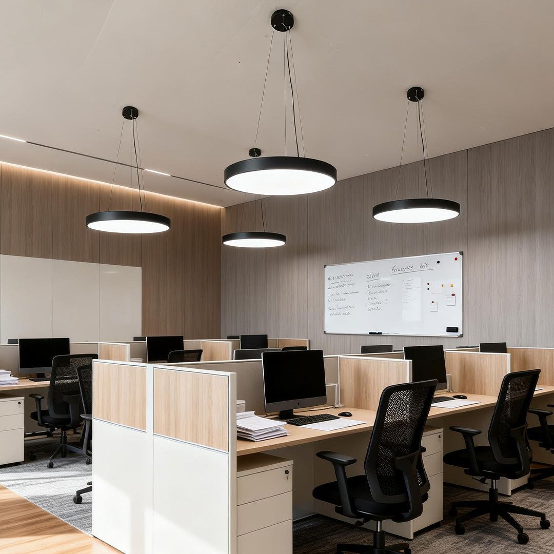 Halo Minimalist Round Pendant Light | Black or White Metal Ring LED Chandelier for Kitchen and Office