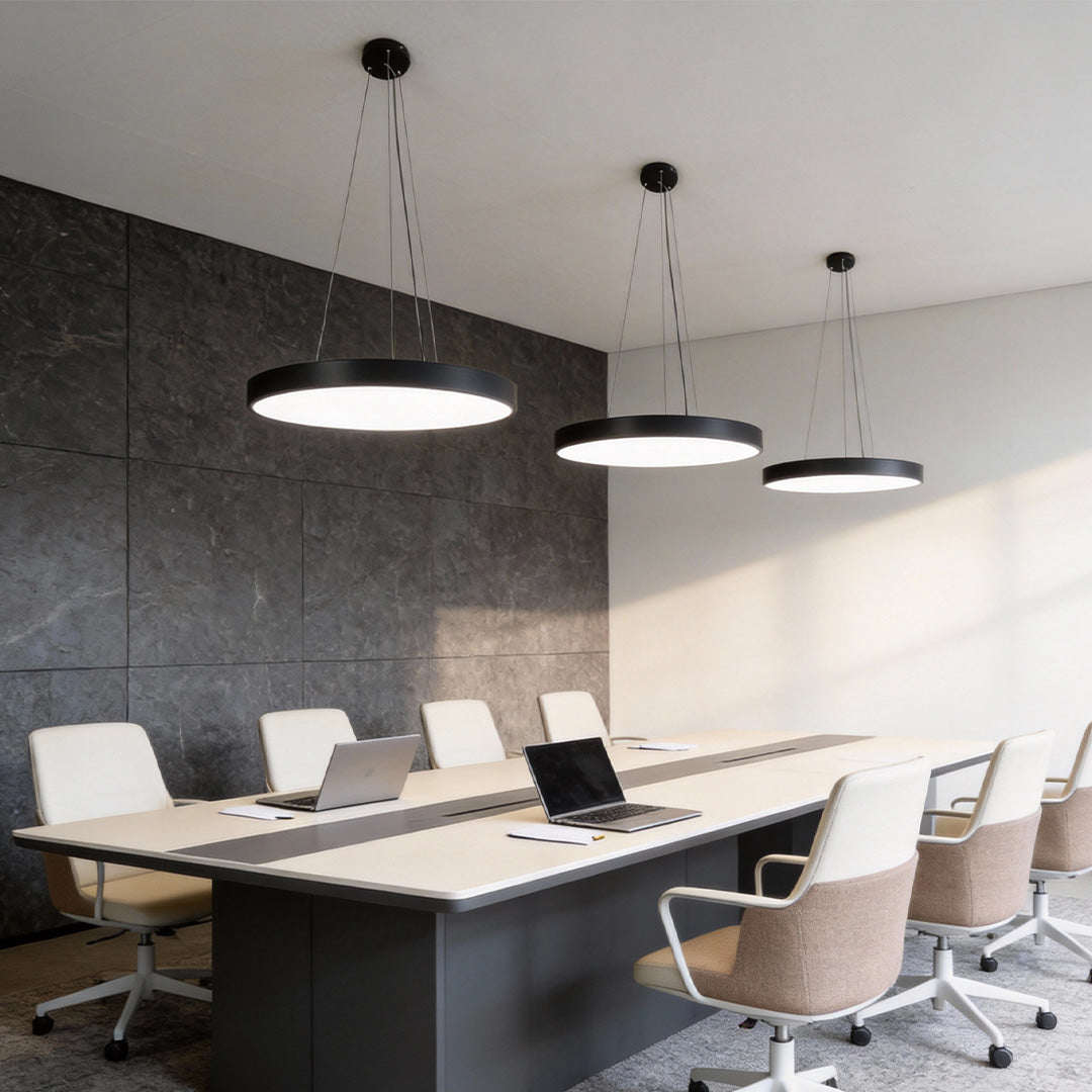 Halo Minimalist Round Pendant Light | Black or White Metal Ring LED Chandelier for Kitchen and Office