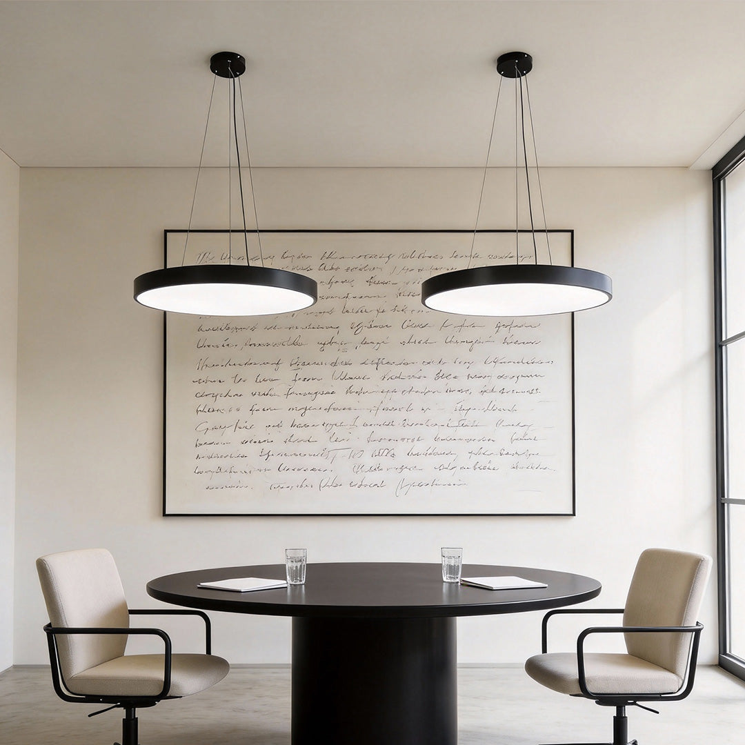 Halo Minimalist Round Pendant Light | Black or White Metal Ring LED Chandelier for Kitchen and Office