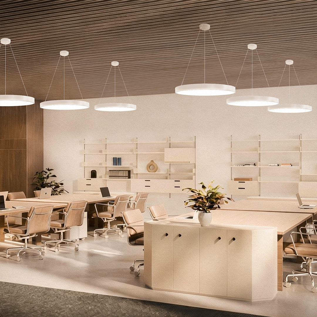 Halo Minimalist Round Pendant Light | Black or White Metal Ring LED Chandelier for Kitchen and Office