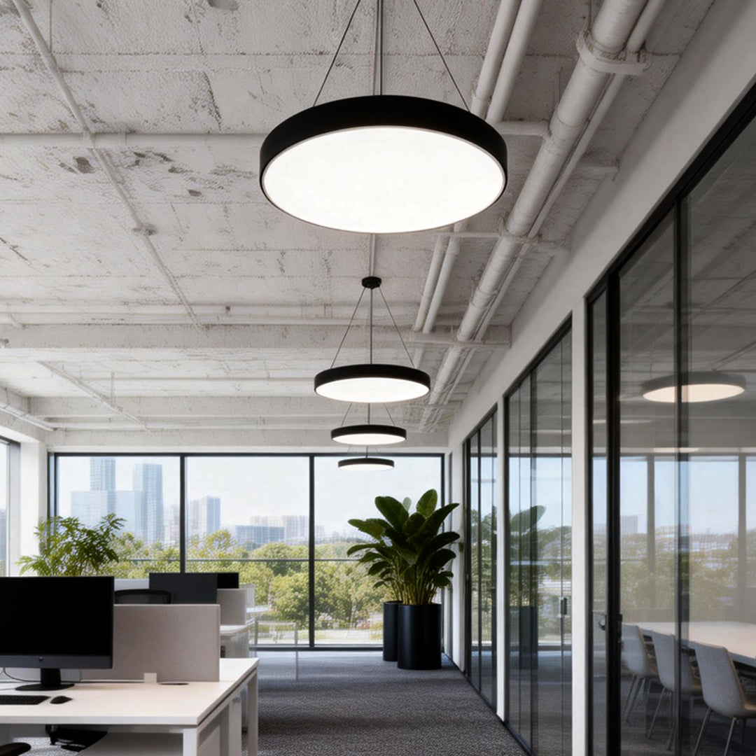 Halo Minimalist Round Pendant Light | Black or White Metal Ring LED Chandelier for Kitchen and Office
