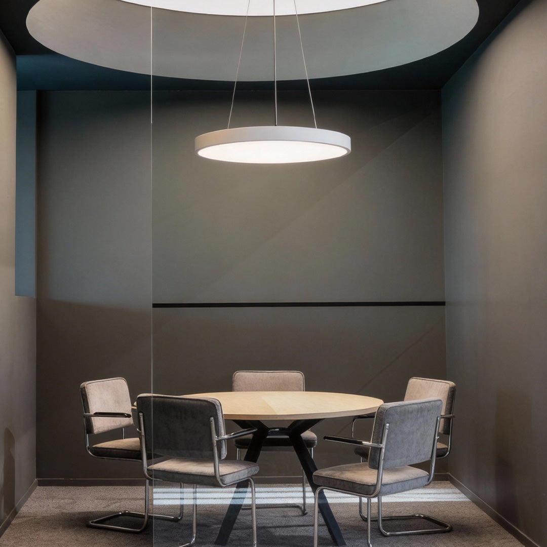 Halo Minimalist Round Pendant Light | Black or White Metal Ring LED Chandelier for Kitchen and Office