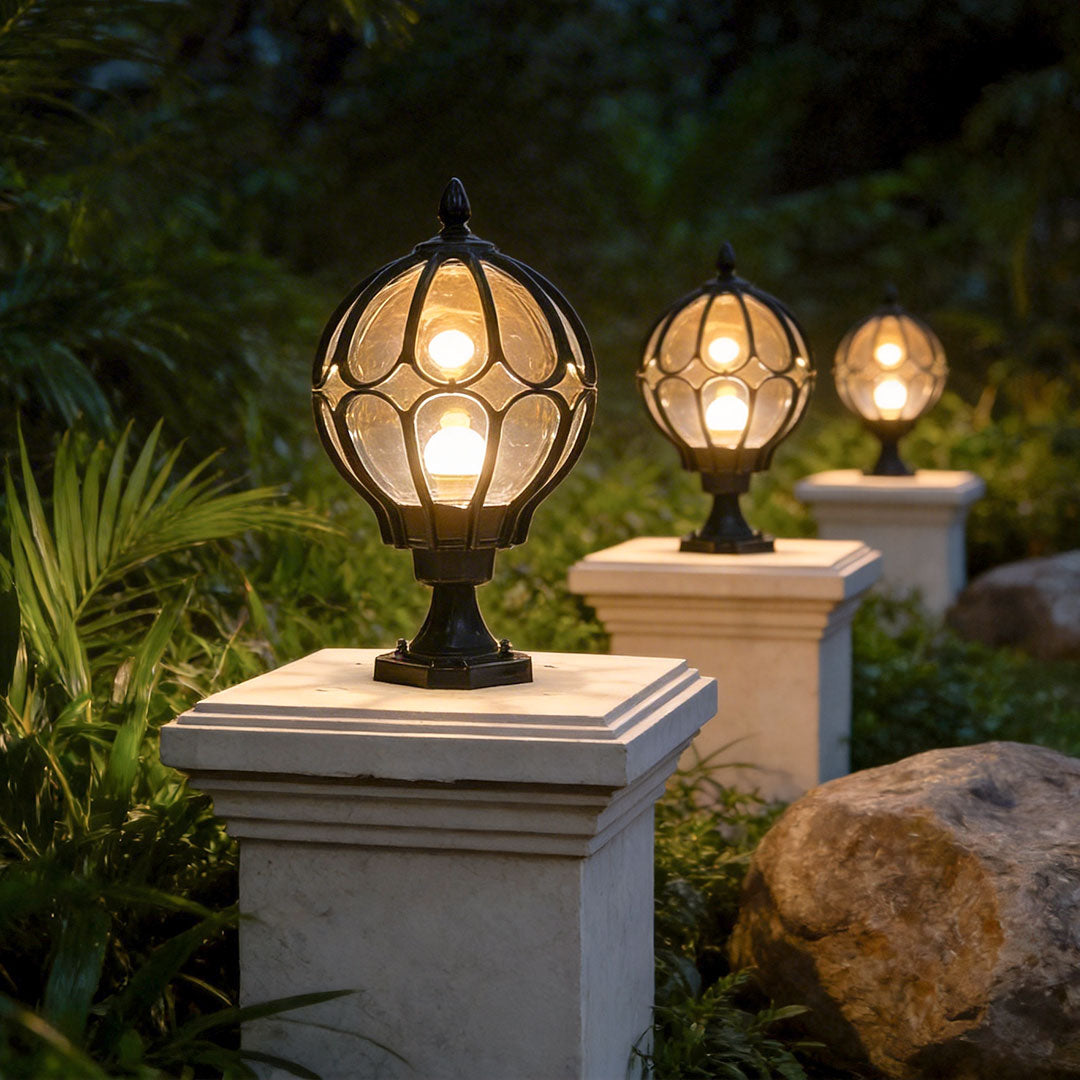 Marlowe Retro Globe Pillar Light | Outdoor Fence Post Lantern with Glass Globe, Black or Bronze
