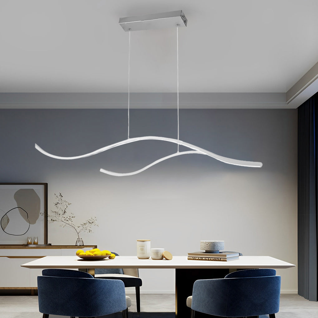 Crescent Modern Wave Linear Pendant Light | Dimmable LED Kitchen Island Chandelier, Black, Gold or Chrome