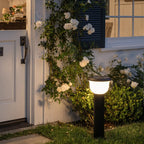 Calyx Modern Outdoor Path Light | Black Aluminum LED Landscape Light with Bowl Shade, Solar or Hardwired