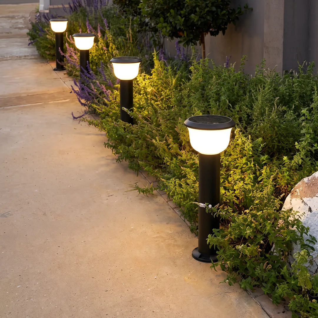 Calyx Modern Outdoor Path Light | Black Aluminum LED Landscape Light with Bowl Shade, Solar or Hardwired