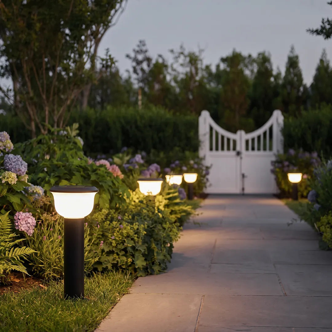 Calyx Modern Outdoor Path Light | Black Aluminum LED Landscape Light with Bowl Shade, Solar or Hardwired