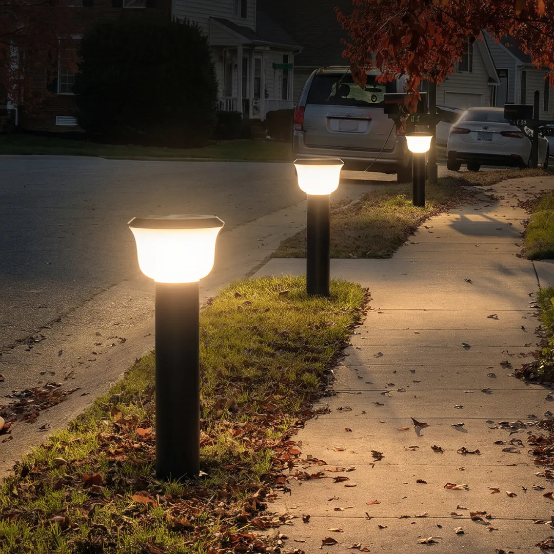 Calyx Modern Outdoor Path Light | Black Aluminum LED Landscape Light with Bowl Shade, Solar or Hardwired