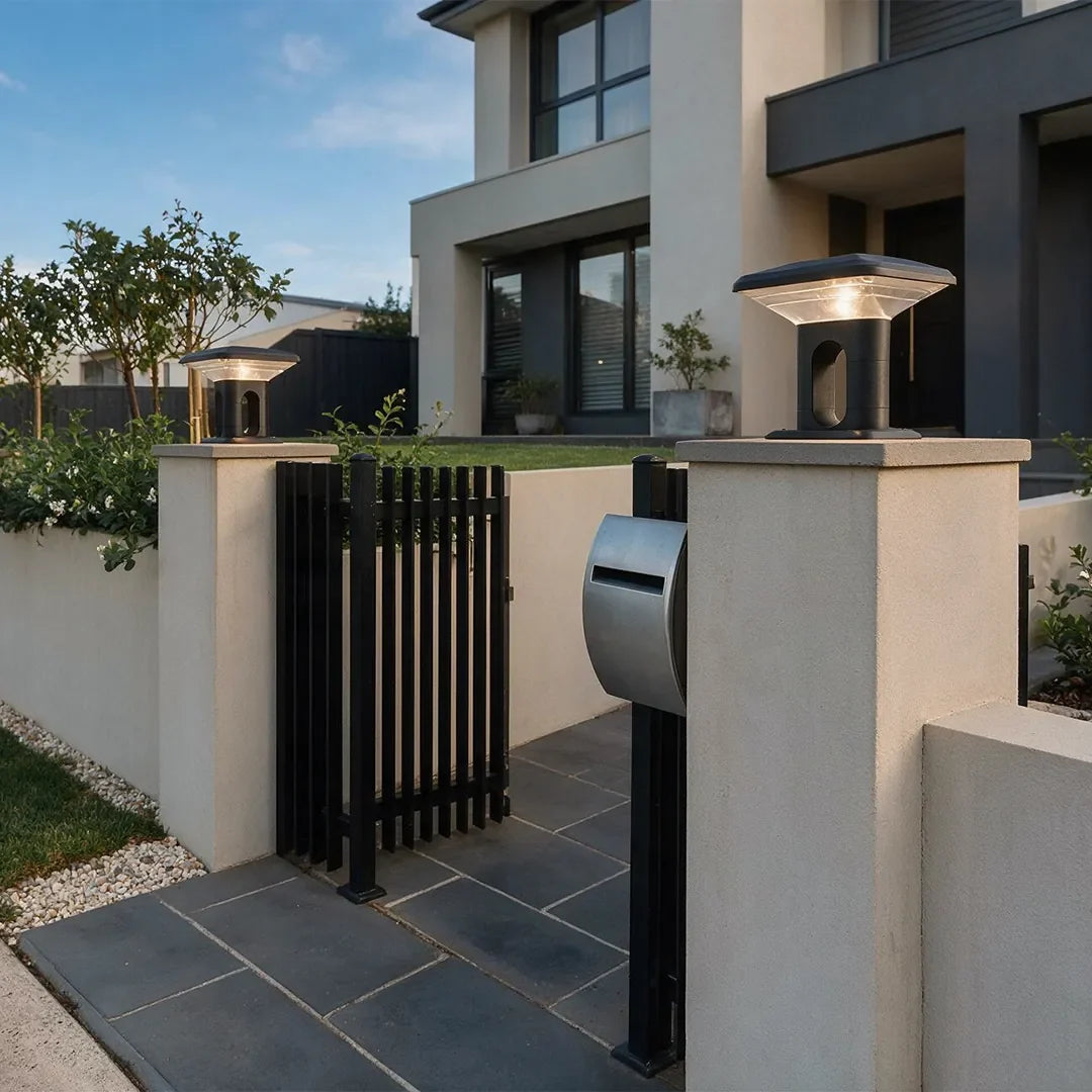 Ridge Modern Gate Pillar Light | Low-Profile Black Aluminum LED Outdoor Post Light, Solar or Hardwired