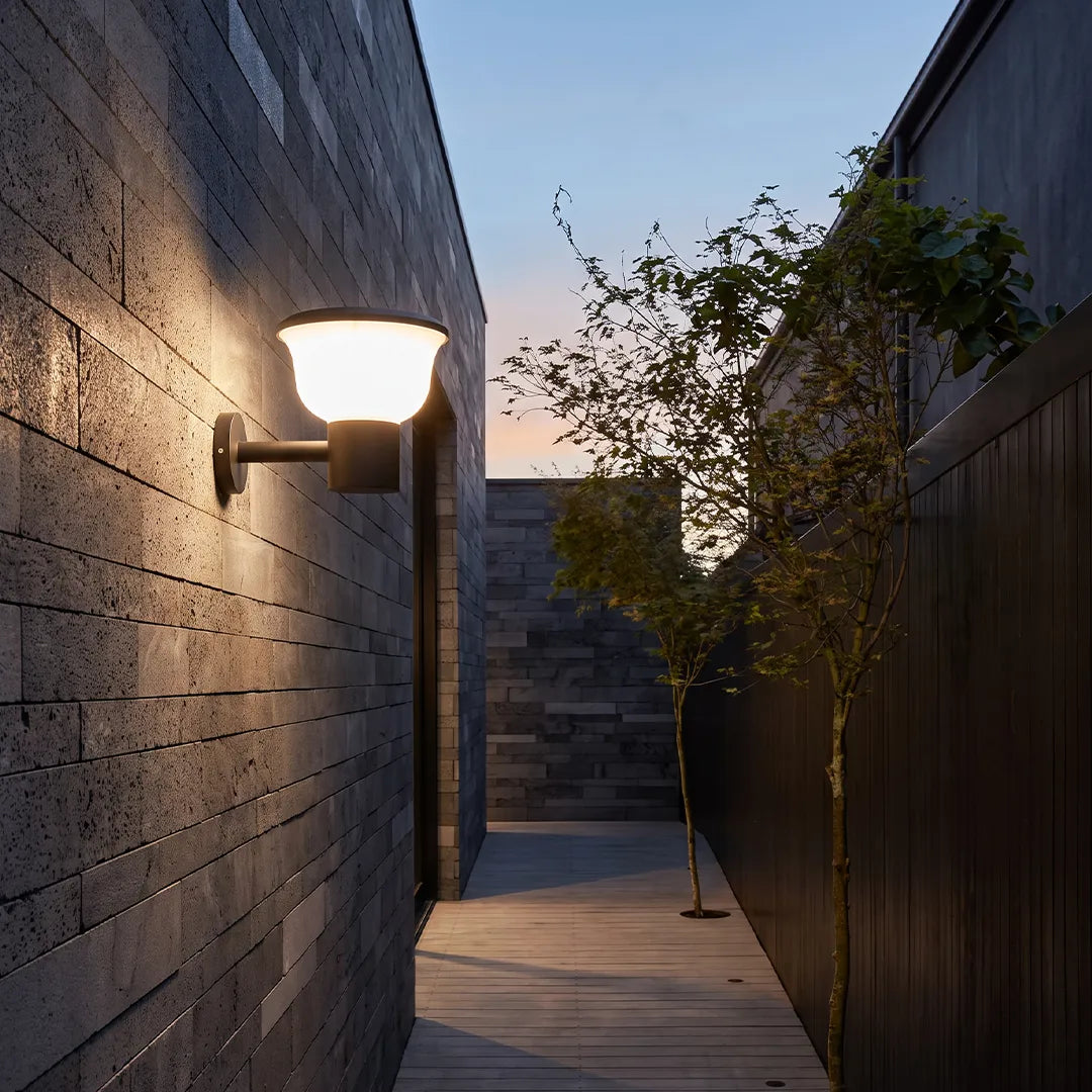 Chalice Modern Outdoor Wall Light | Black Aluminum LED Wall Sconce with Cup Diffuser, Solar or Hardwired